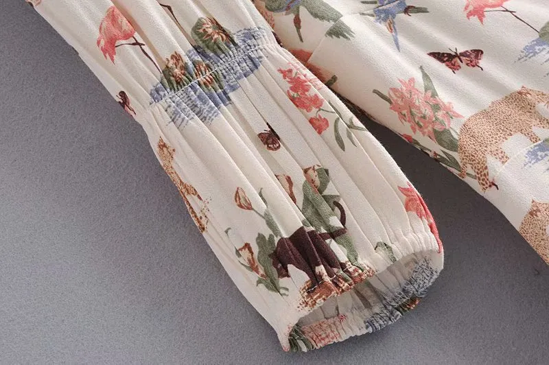 Square Collar Animal Pattern Floral Mini Dress