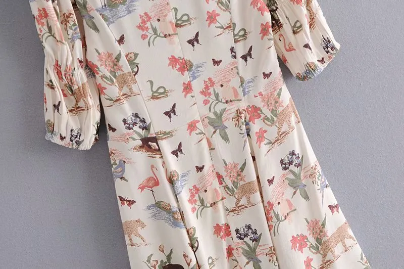 Square Collar Animal Pattern Floral Mini Dress