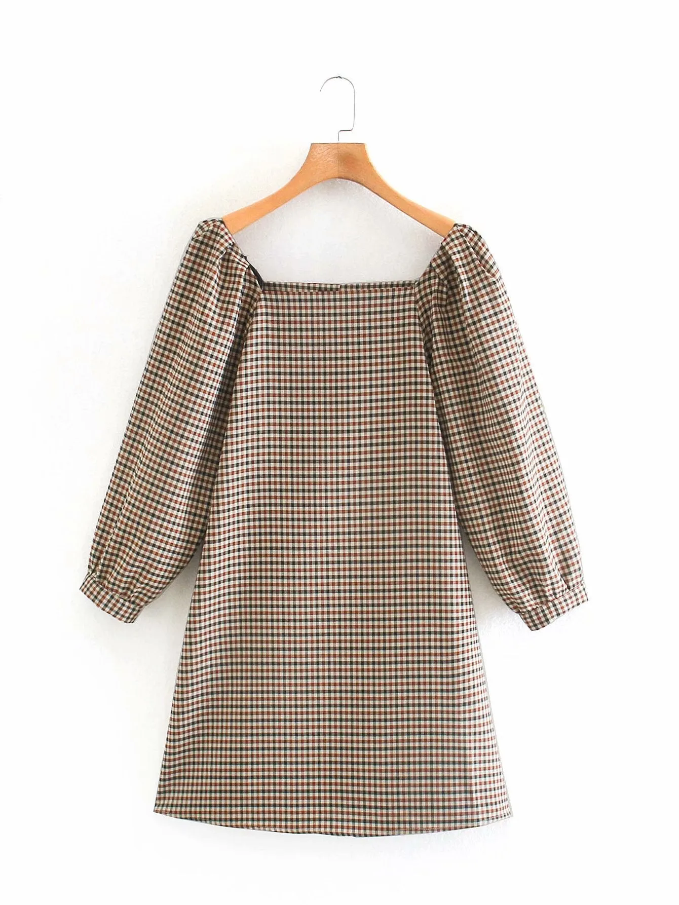 Square Collar Lattice Plaid Mini Dress