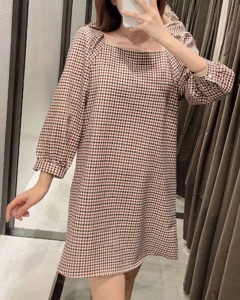 Square Collar Lattice Plaid Mini Dress