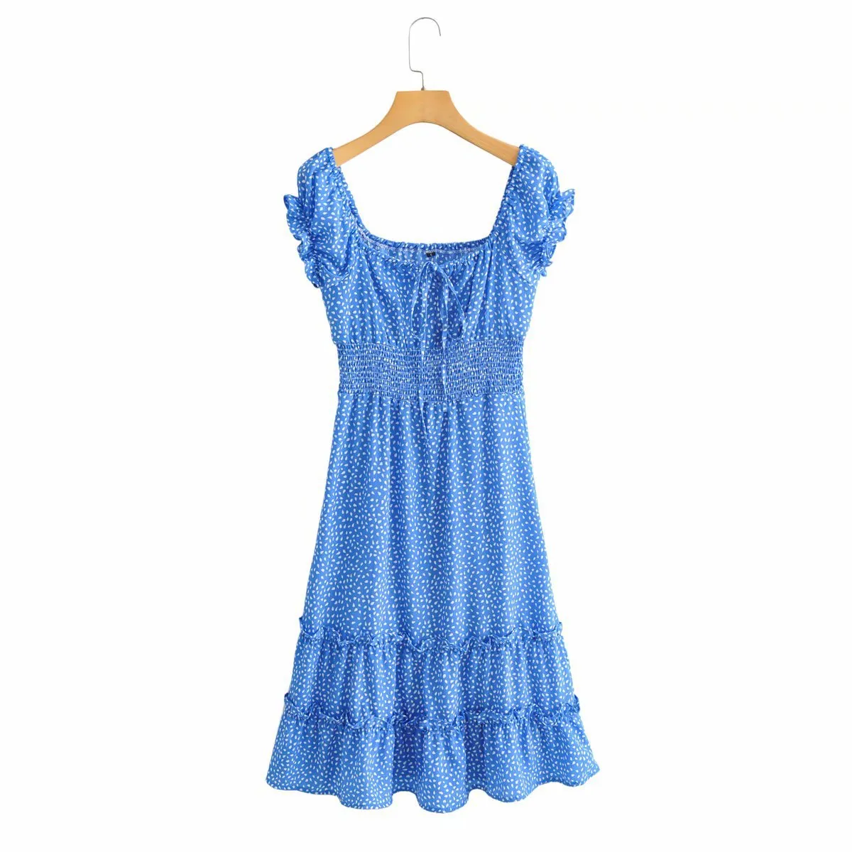 Square Collar Ruffled Lace-up Floral Midi Dresses