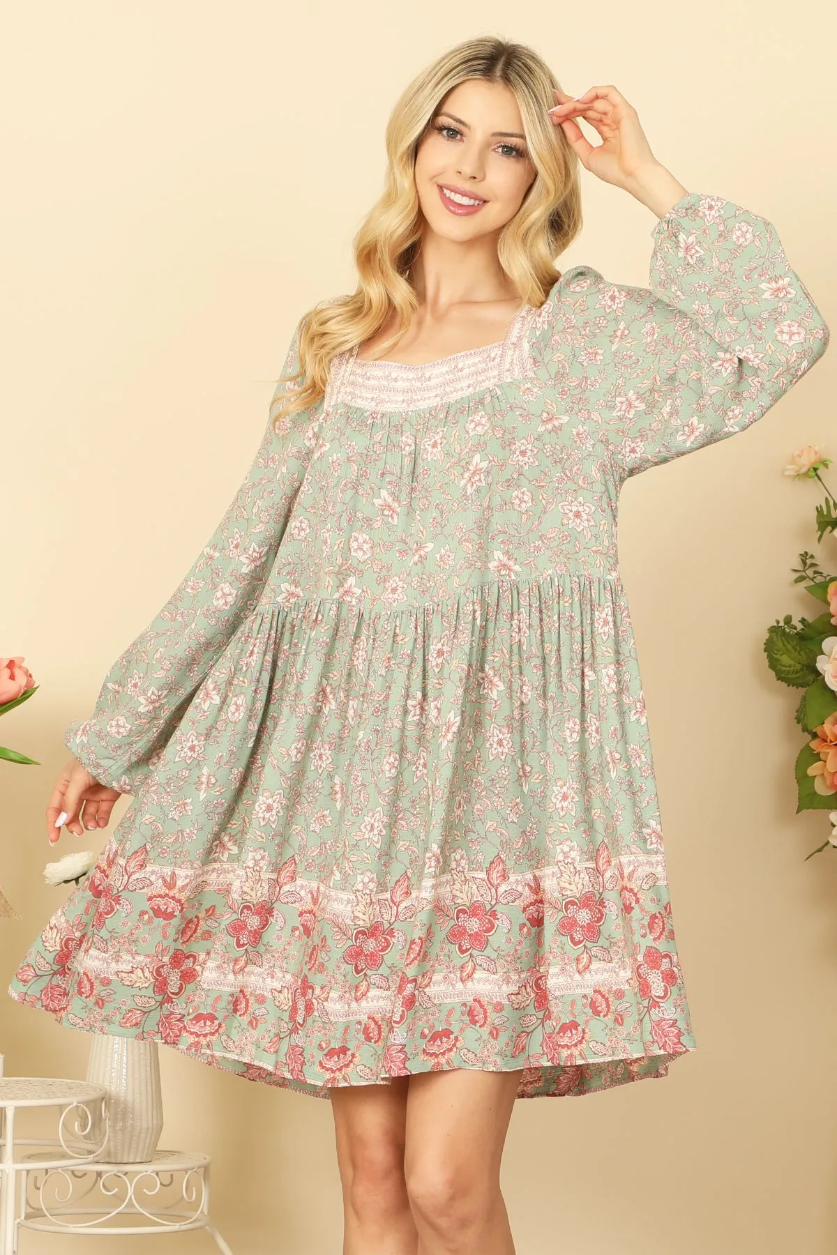 SQUARE NECK LONG PUFF SLEEVE PLEATED BABY DOLL PRINTED DRESS
