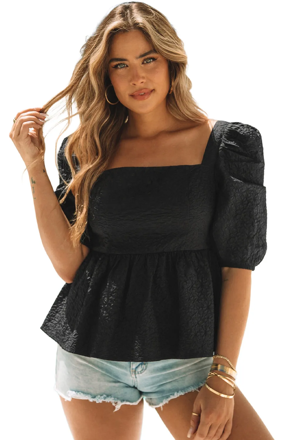 Square Neck Puff Sleeve Dress Blouse
