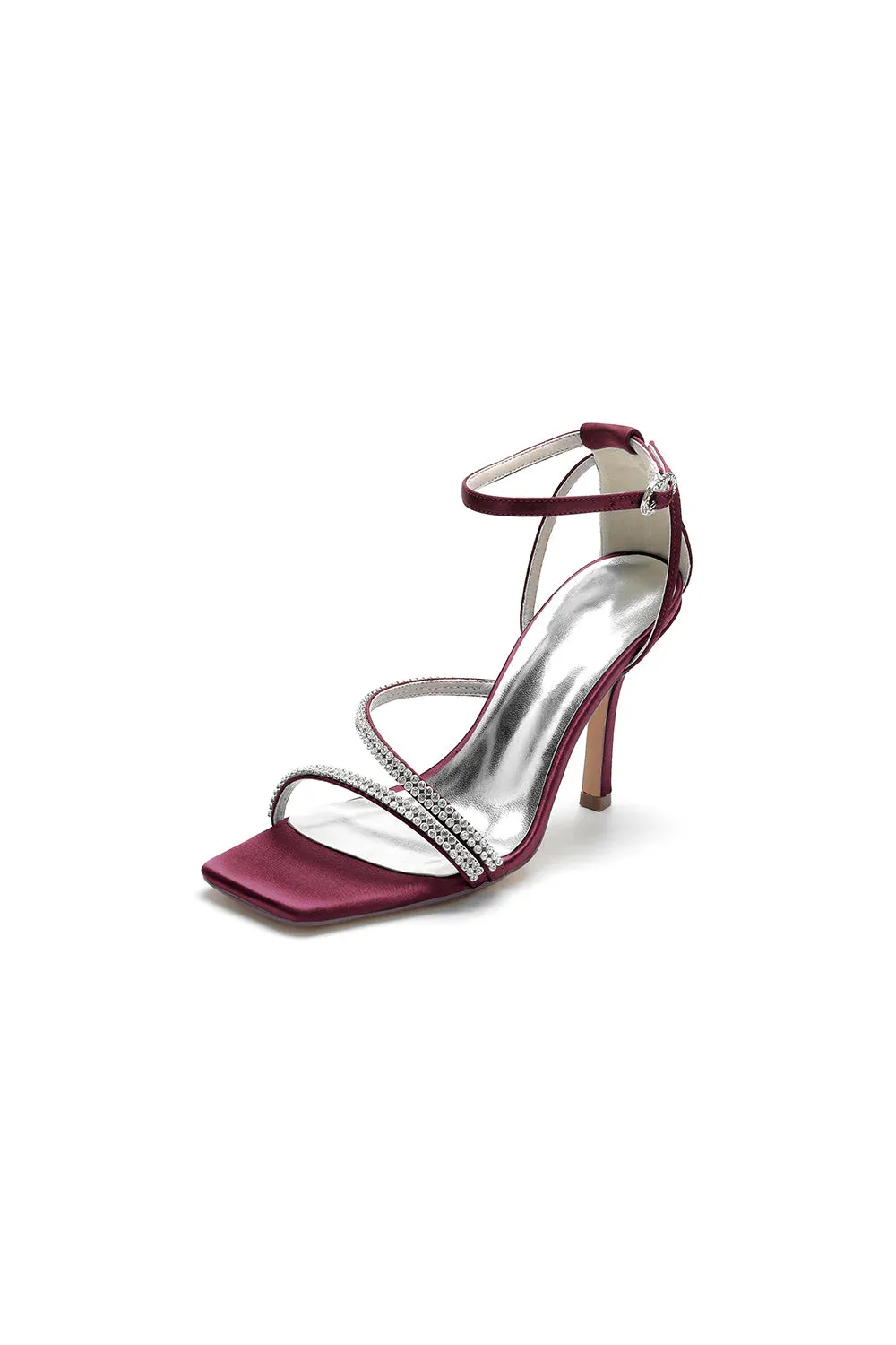 Square OpenToe Beaded Ankle Strap Satin Stiletto Heels