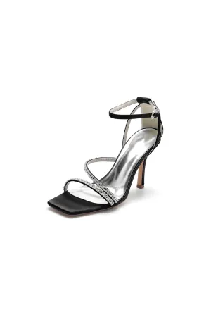 Square OpenToe Beaded Ankle Strap Satin Stiletto Heels