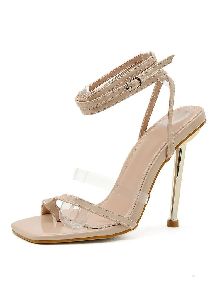 Square Toe Ankle Strap Metallic Heels