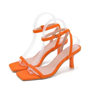Square Toe Orange Sandals with Thin Low Heel