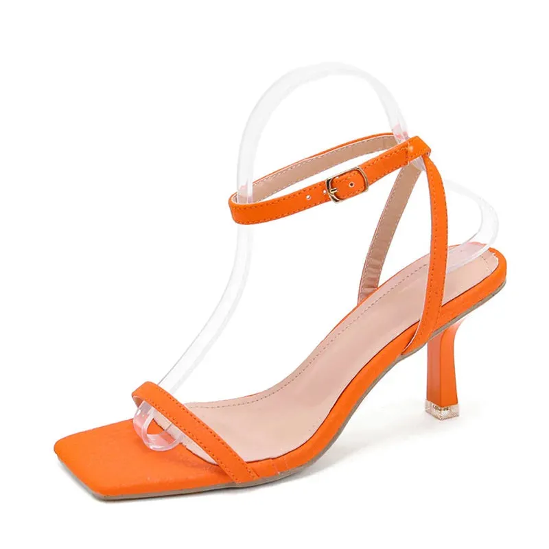 Square Toe Orange Sandals with Thin Low Heel