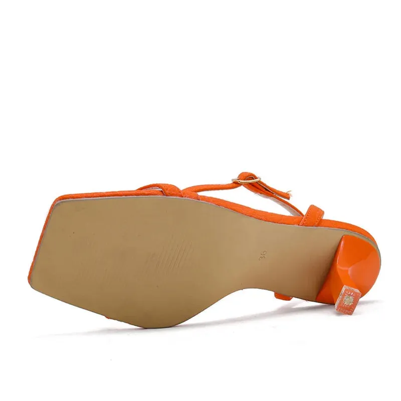 Square Toe Orange Sandals with Thin Low Heel