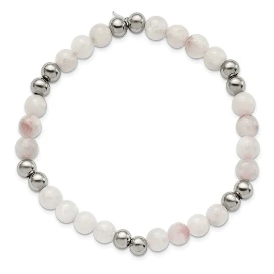 Stainless Steel Polished (6mm) White Moonstone Beaded Bracelet