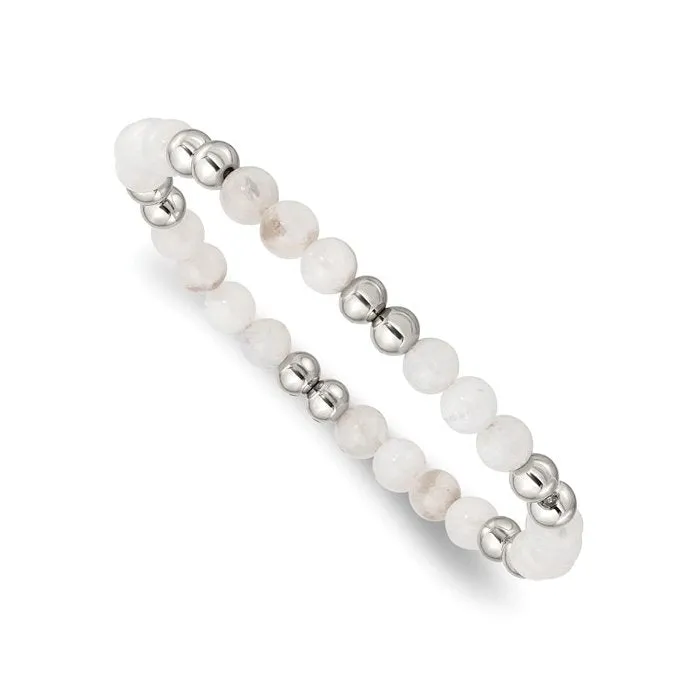Stainless Steel Polished (6mm) White Moonstone Beaded Bracelet