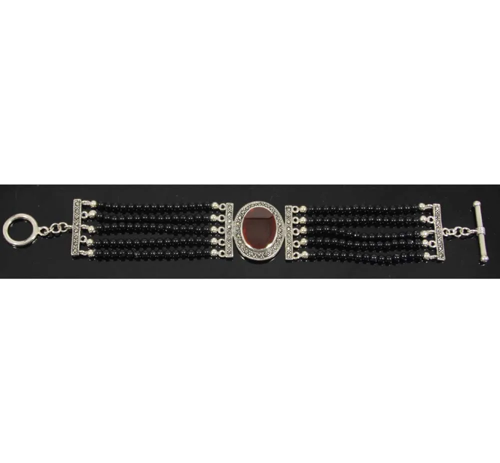 Sterling Silver Garnet and Beads Bracelet 7.5"