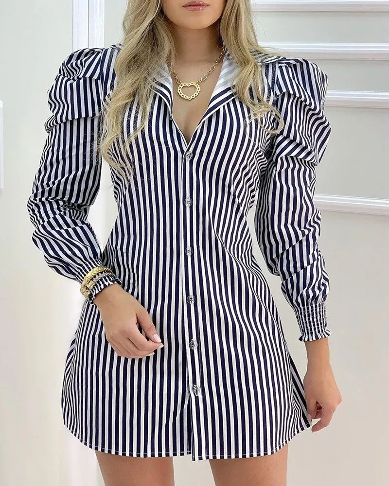 Striped Casual Dress with Puff Sleeves and Button Detail