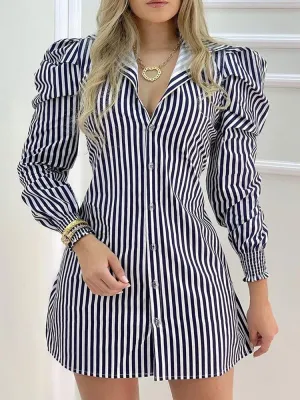 Striped Casual Dress with Puff Sleeves and Button Detail