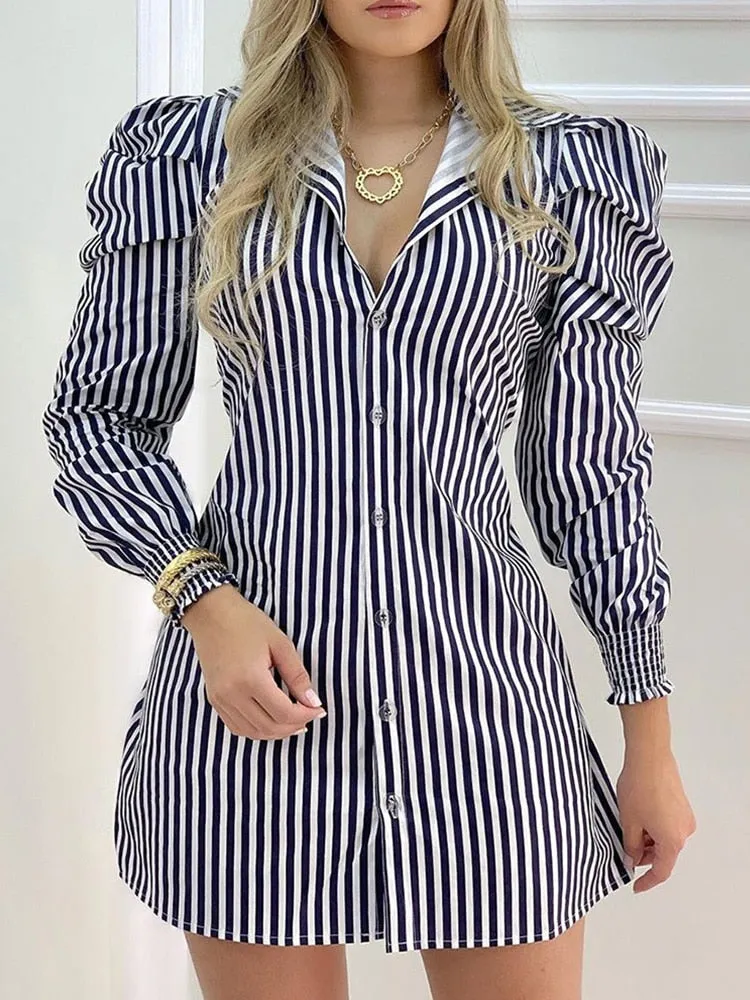 Striped Casual Dress with Puff Sleeves and Button Detail
