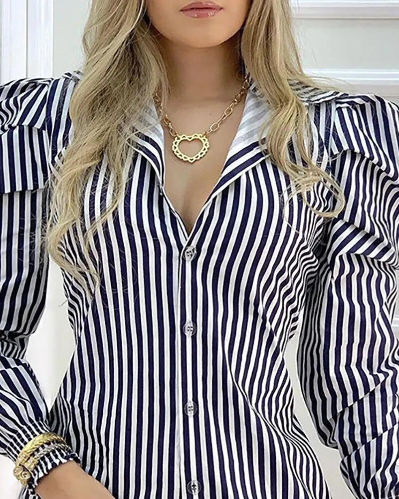 Striped Casual Dress with Puff Sleeves and Button Detail