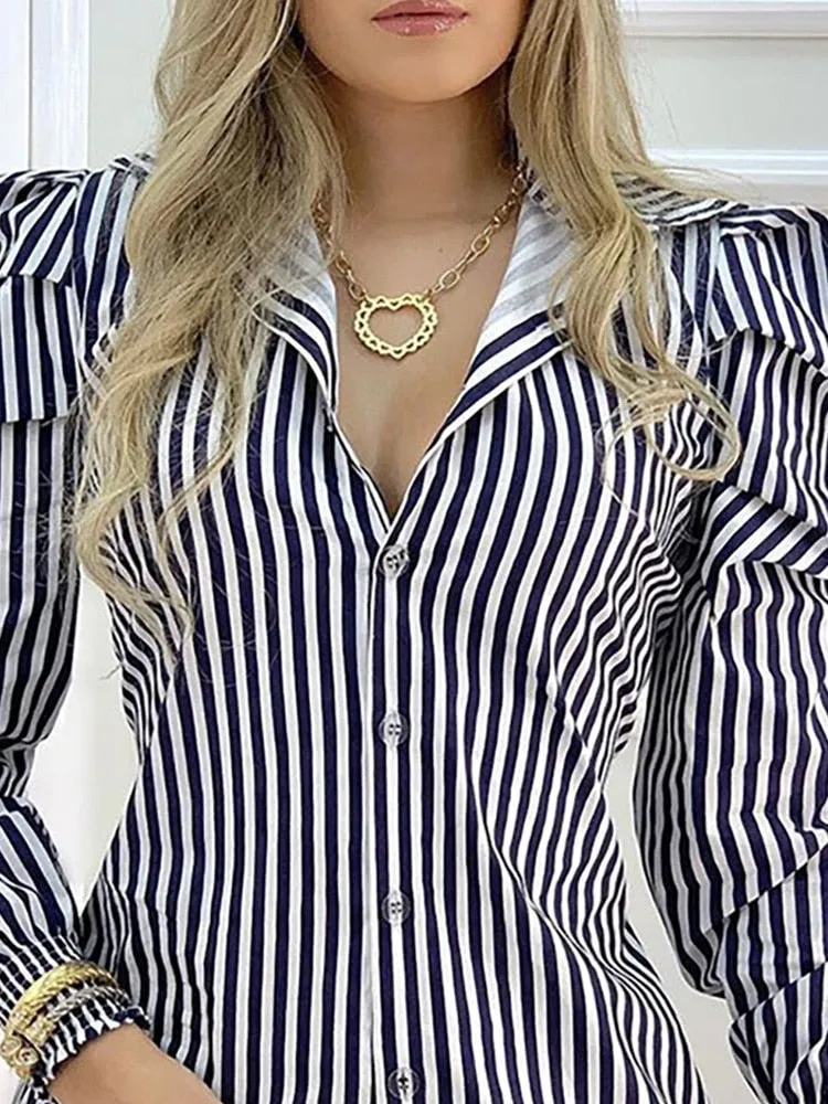 Striped Casual Dress with Puff Sleeves and Button Detail