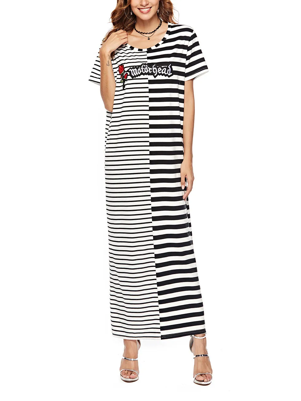 Striped Stitching Embroidered Dress