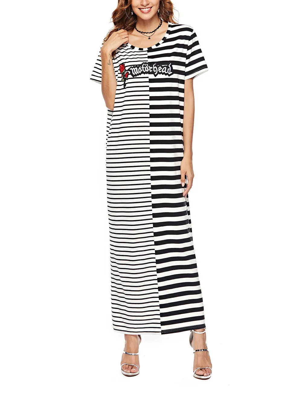 Striped Stitching Embroidered Dress