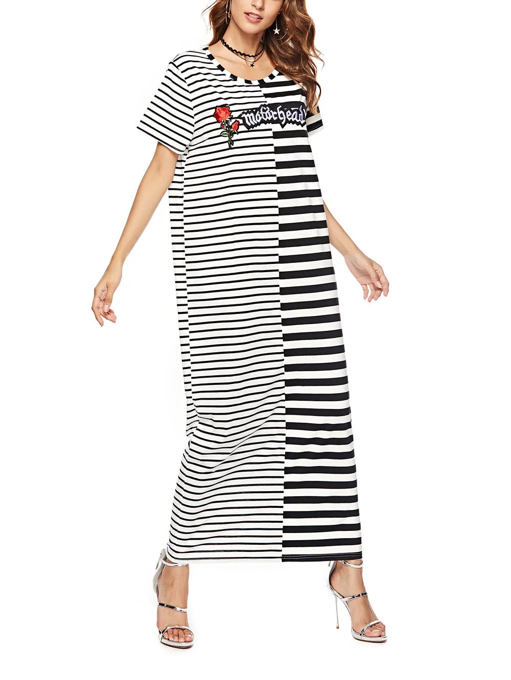 Striped Stitching Embroidered Dress