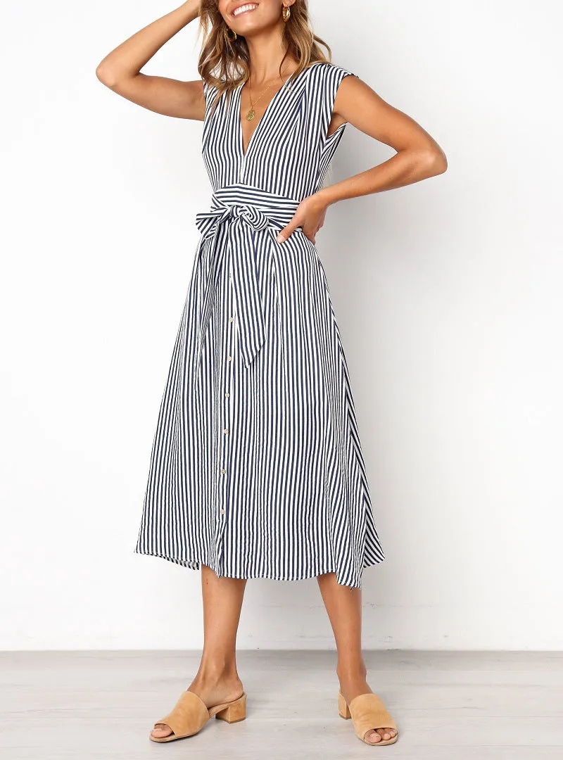 Striped Waist Tie Casual Dress