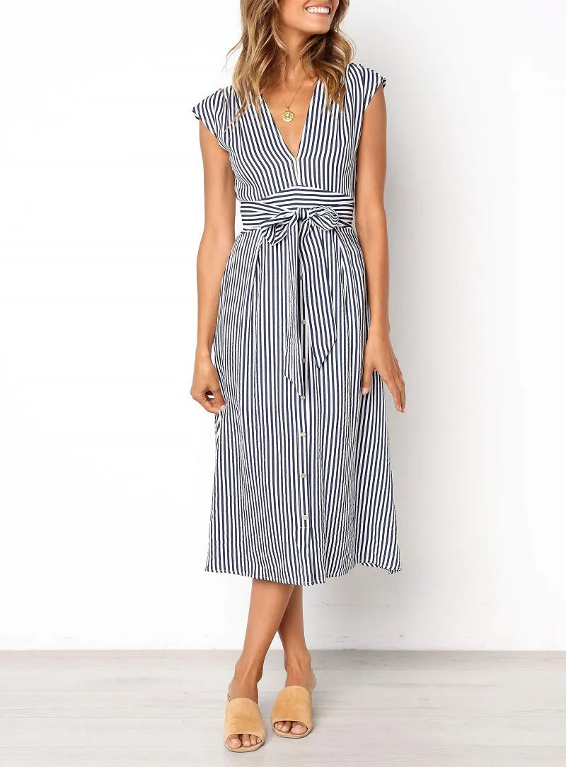Striped Waist Tie Casual Dress