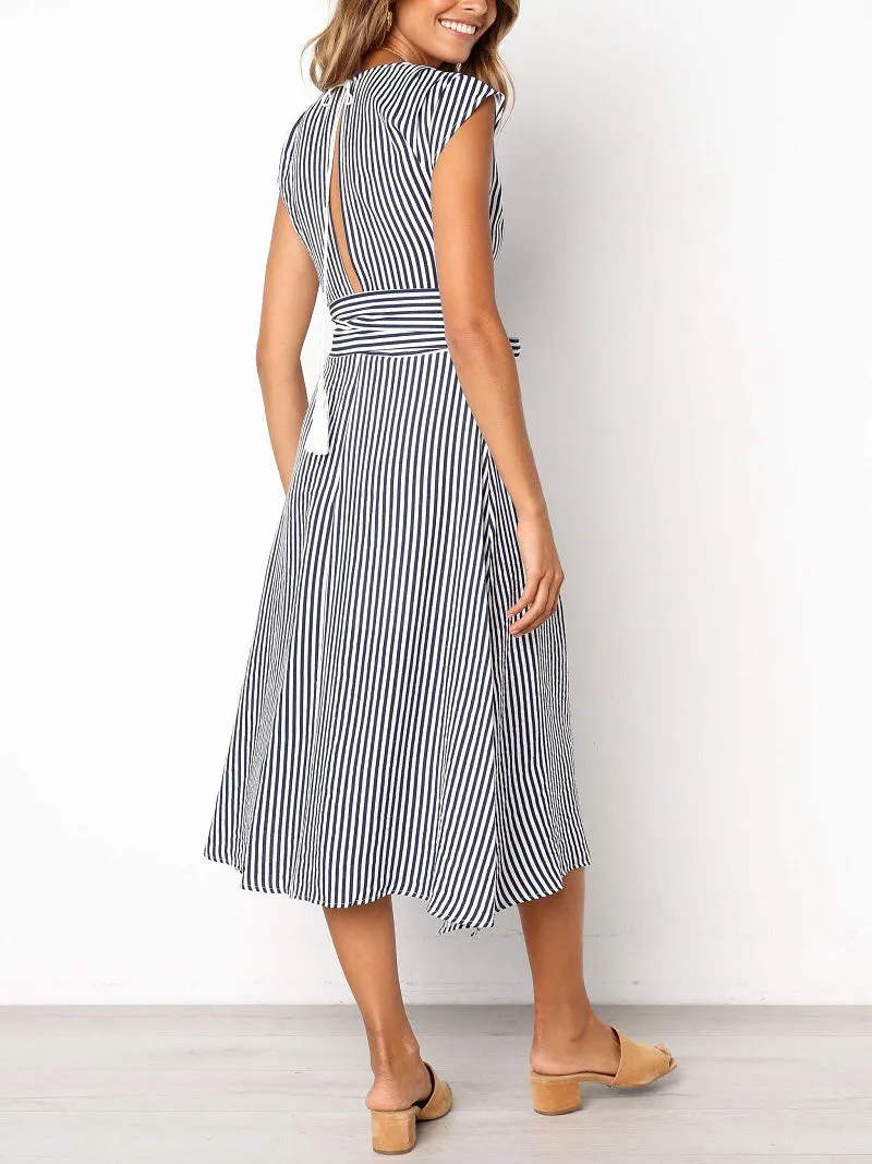 Striped Waist Tie Casual Dress