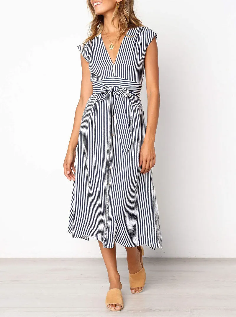 Striped Waist Tie Casual Dress