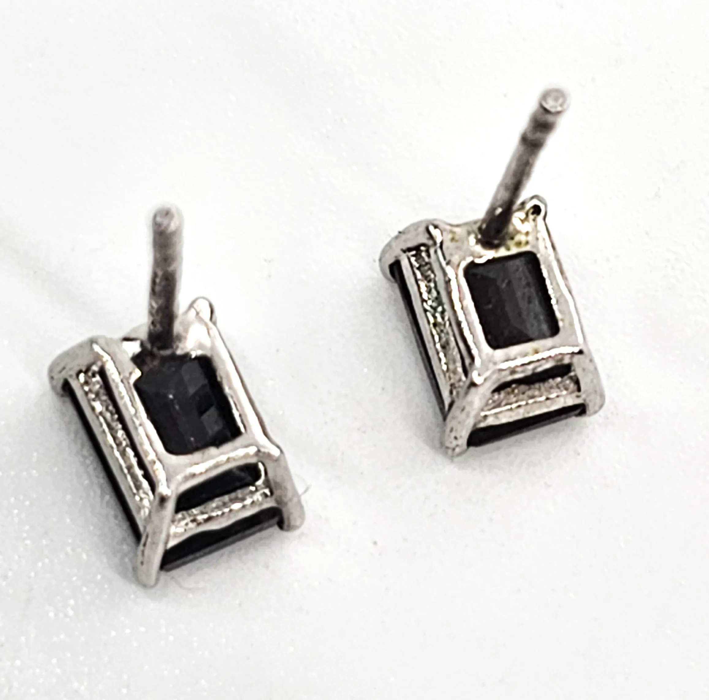 STS black sapphire emerald cut sterling silver stud earrings