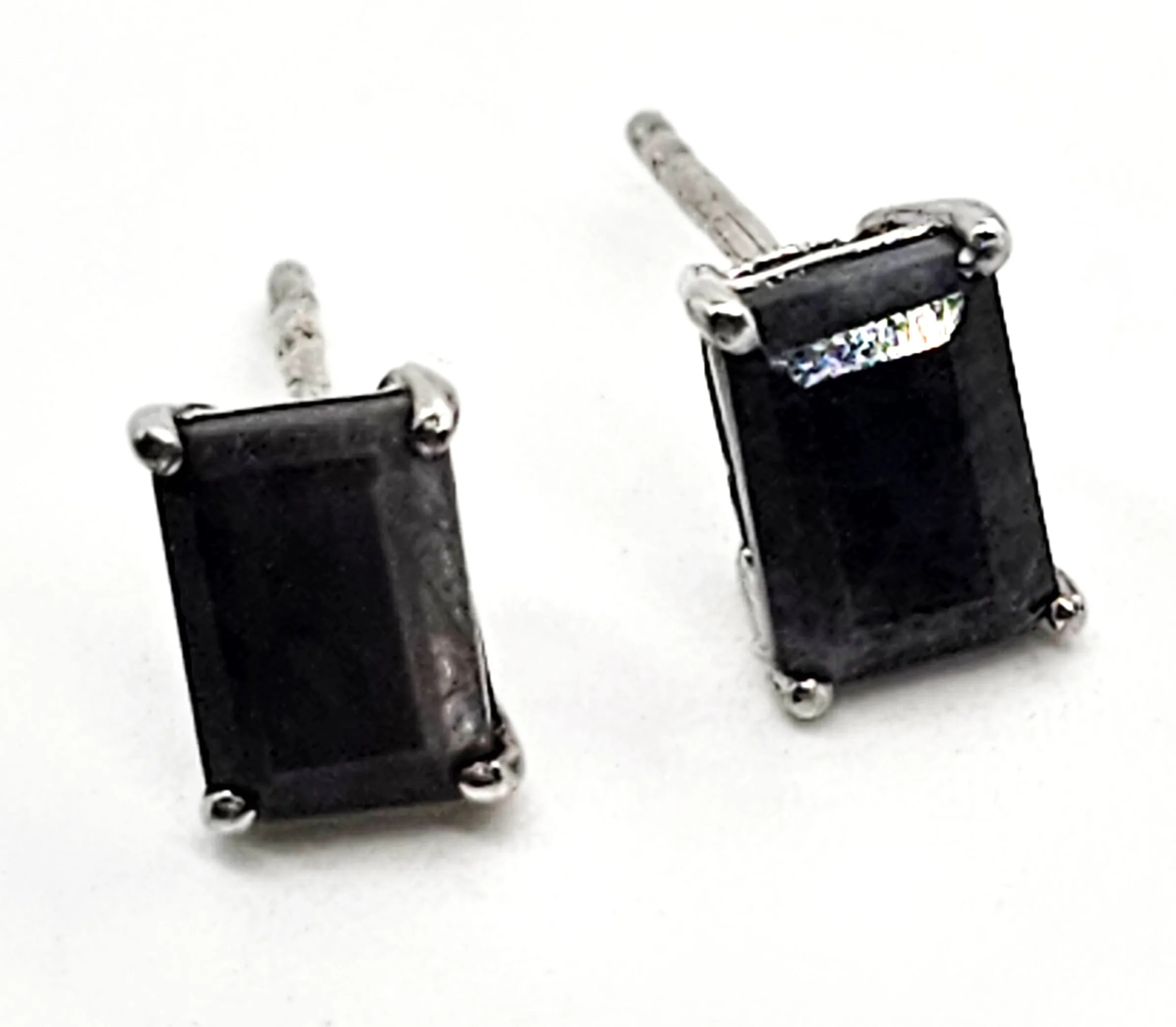 STS black sapphire emerald cut sterling silver stud earrings