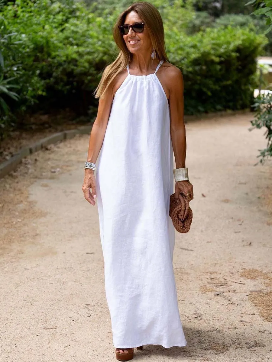 Stunncal Hanging Neck Slit Casual Vacation Dress