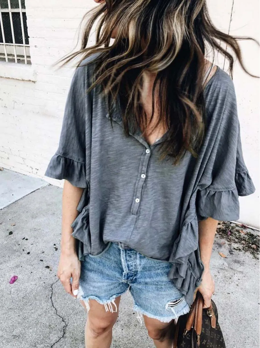 Stunncal Round Neck Patchwork Ruffle Loose Short Sleeve T-Shirt