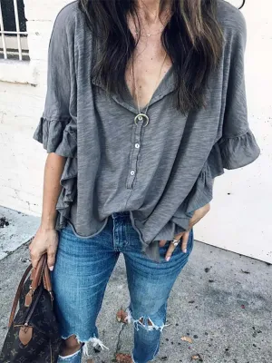 Stunncal Round Neck Patchwork Ruffle Loose Short Sleeve T-Shirt
