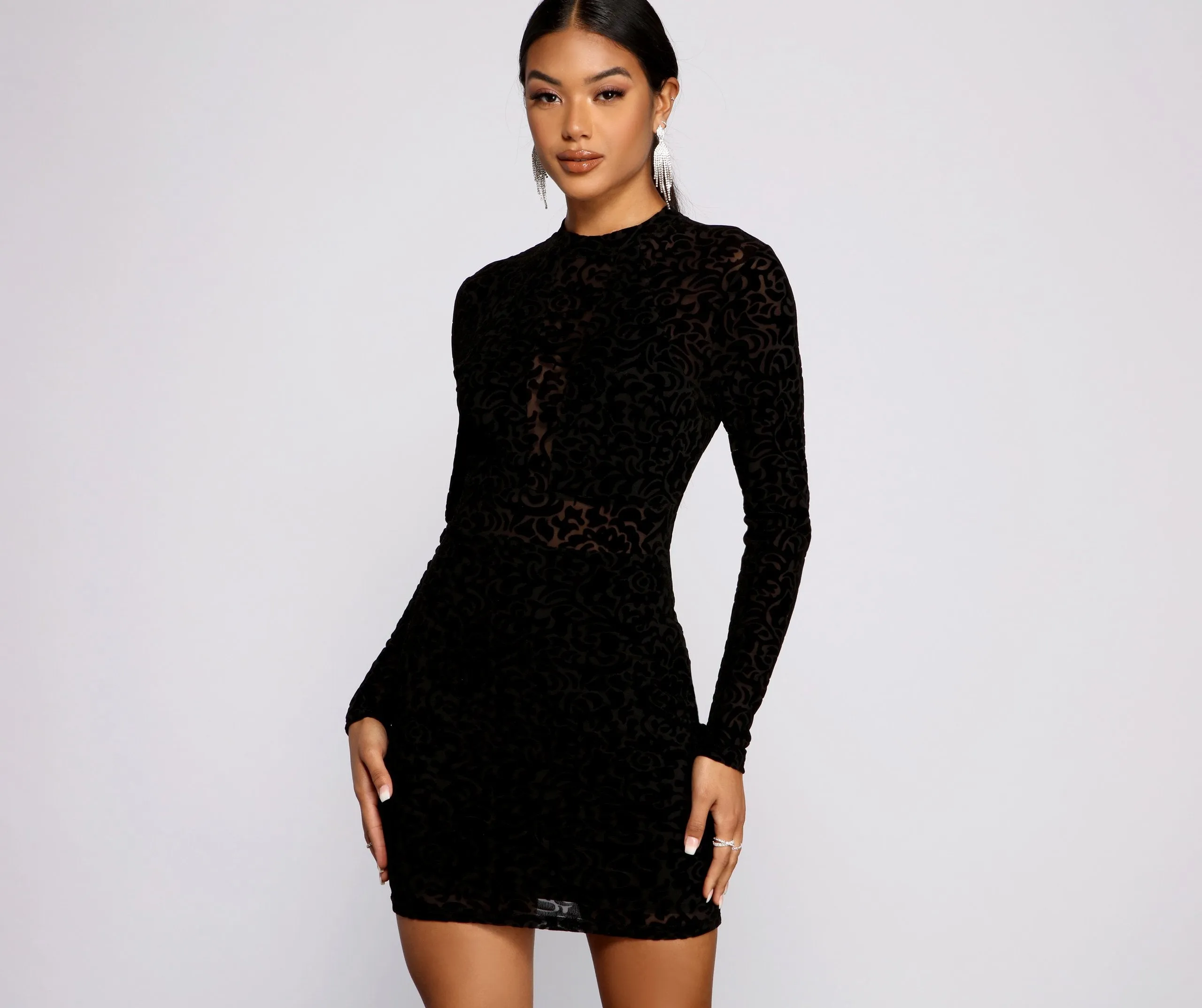 Sultry And Stylish Charming Flocked Mesh Mini Dress