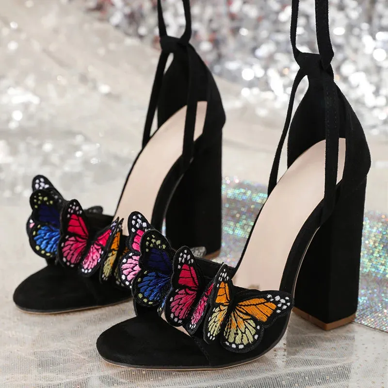 Summer Gladiator Sandals Handwork Embroidery Butterfly Open Toe Lace Up High Heels