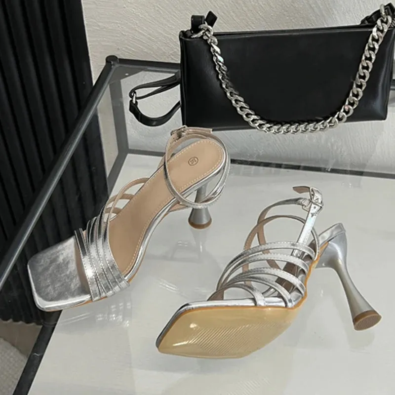 Summer Golden Silver Square Toe Sandals for Women