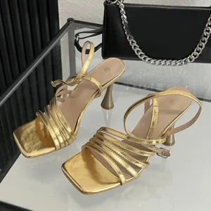 Summer Golden Silver Square Toe Sandals for Women