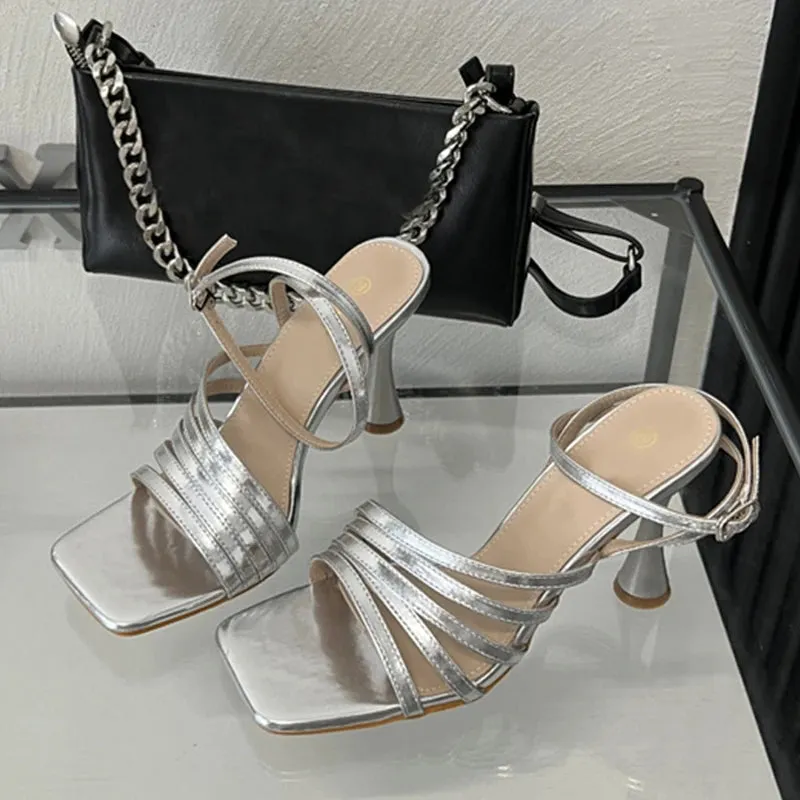 Summer Golden Silver Square Toe Sandals for Women