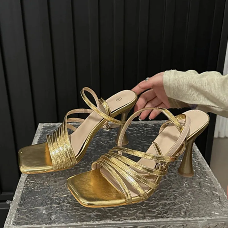 Summer Golden Silver Square Toe Sandals for Women