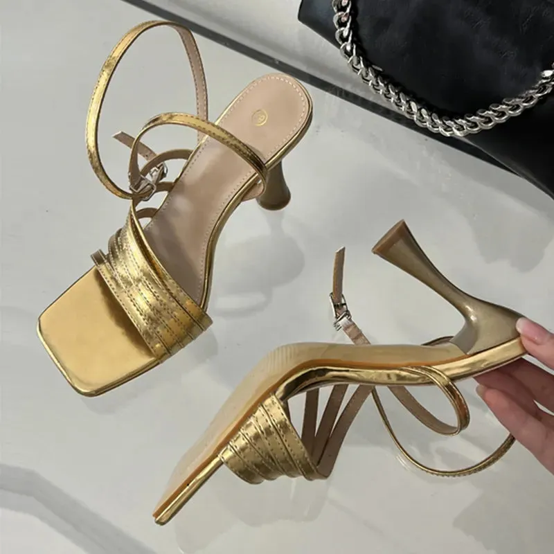 Summer Golden Silver Square Toe Sandals for Women