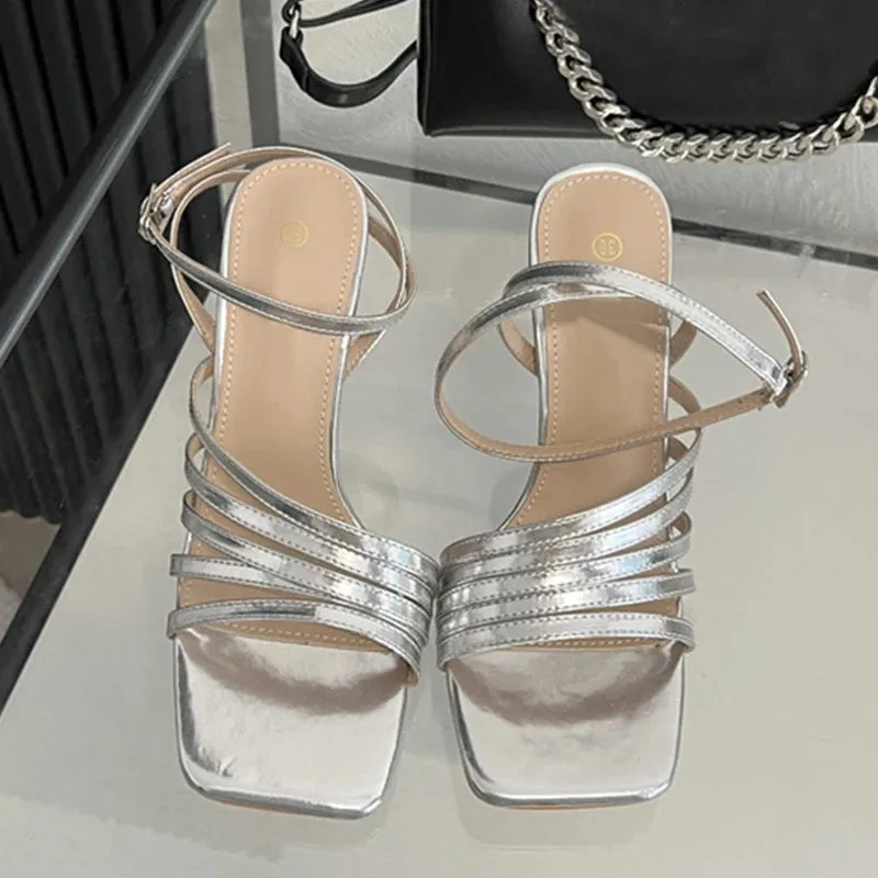 Summer Golden Silver Square Toe Sandals for Women