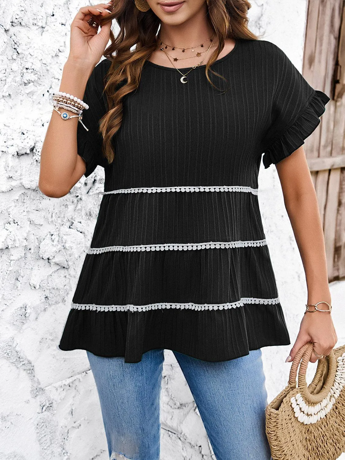 Summer Moments Tiered Short Sleeve Tunic Blouse