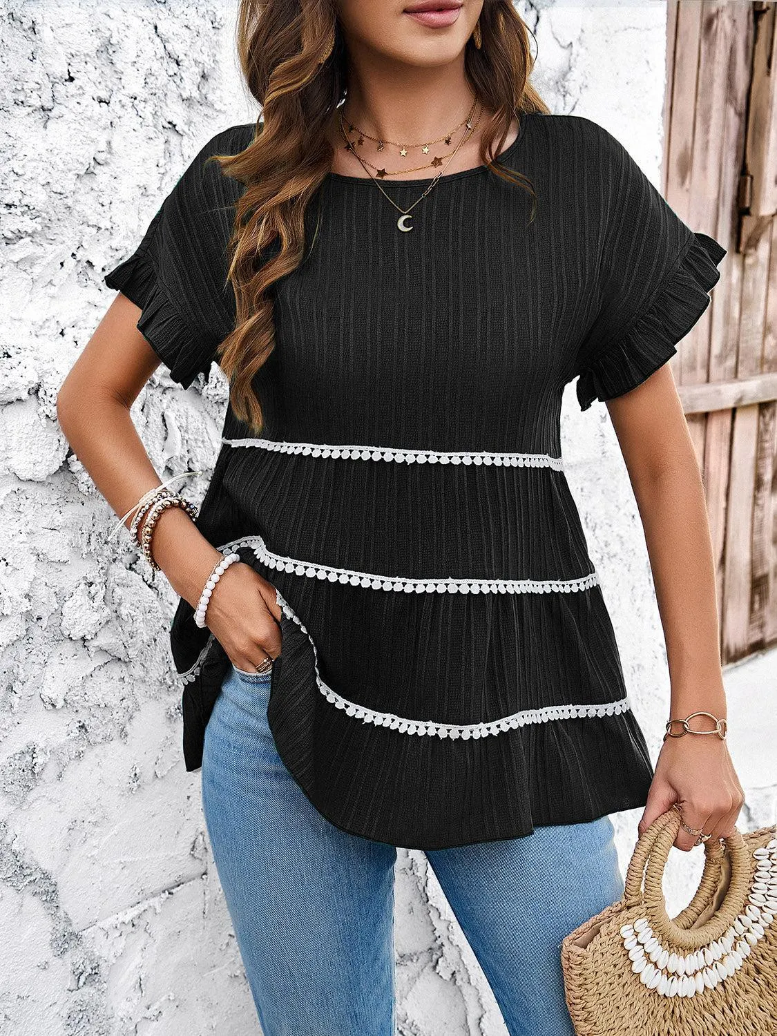 Summer Moments Tiered Short Sleeve Tunic Blouse