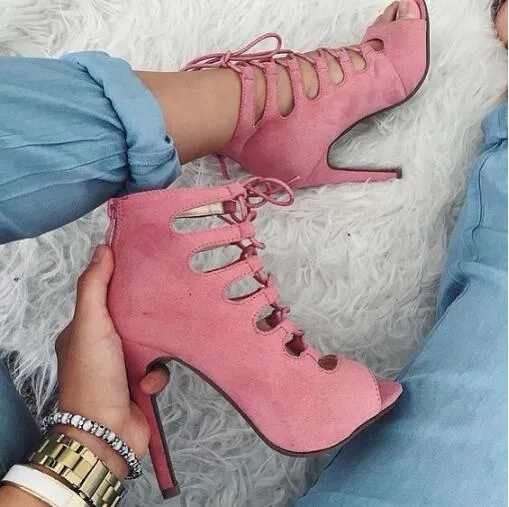SUMMER NEW WOMAN SUEDE CUTS OUT GLADIATOR CAGE SANDALS CROSS LACE UP FRONT STILETTO HEELS PEEP TOE SANDALS SHOES