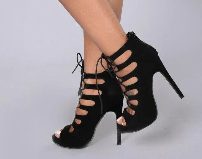SUMMER NEW WOMAN SUEDE CUTS OUT GLADIATOR CAGE SANDALS CROSS LACE UP FRONT STILETTO HEELS PEEP TOE SANDALS SHOES