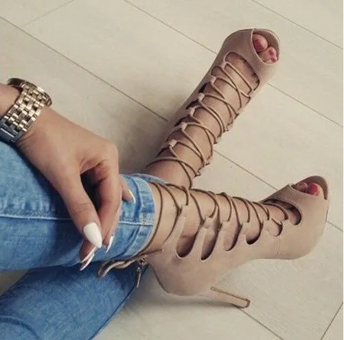 SUMMER NEW WOMAN SUEDE CUTS OUT GLADIATOR CAGE SANDALS CROSS LACE UP FRONT STILETTO HEELS PEEP TOE SANDALS SHOES