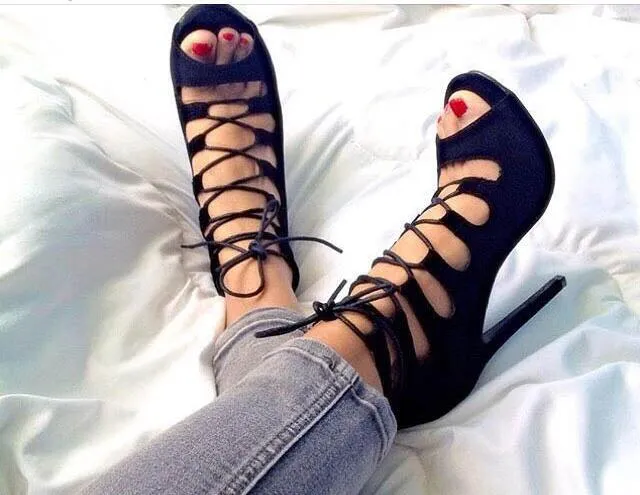 SUMMER NEW WOMAN SUEDE CUTS OUT GLADIATOR CAGE SANDALS CROSS LACE UP FRONT STILETTO HEELS PEEP TOE SANDALS SHOES
