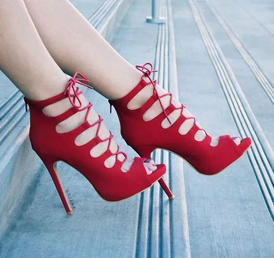 SUMMER NEW WOMAN SUEDE CUTS OUT GLADIATOR CAGE SANDALS CROSS LACE UP FRONT STILETTO HEELS PEEP TOE SANDALS SHOES