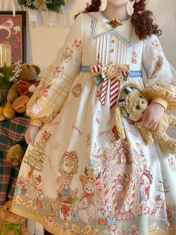 Sweet Lolita Dress Polyester Long Sleeves Bows Sweet Christmas Lolita Dress