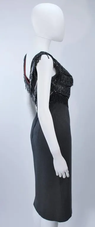 SYDNEY NORTH 1970s Grey Stretch Knit Cocktail Dress w/ Fringe Size 8